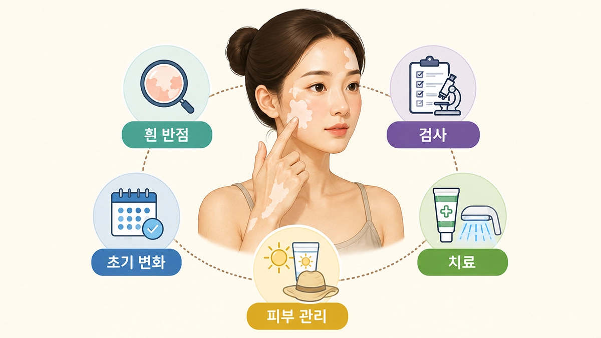 백반증 흰 반점의 초기 변화와 검사, 치료, 피부 관리 내용을 보여주는 인포그래픽