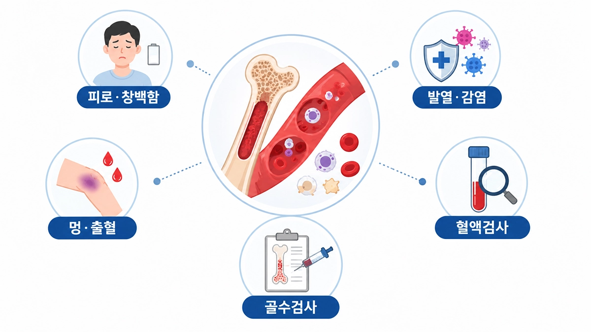 백혈병 주요 증상과 혈액검사 및 골수검사를 설명하는 인포그래픽
