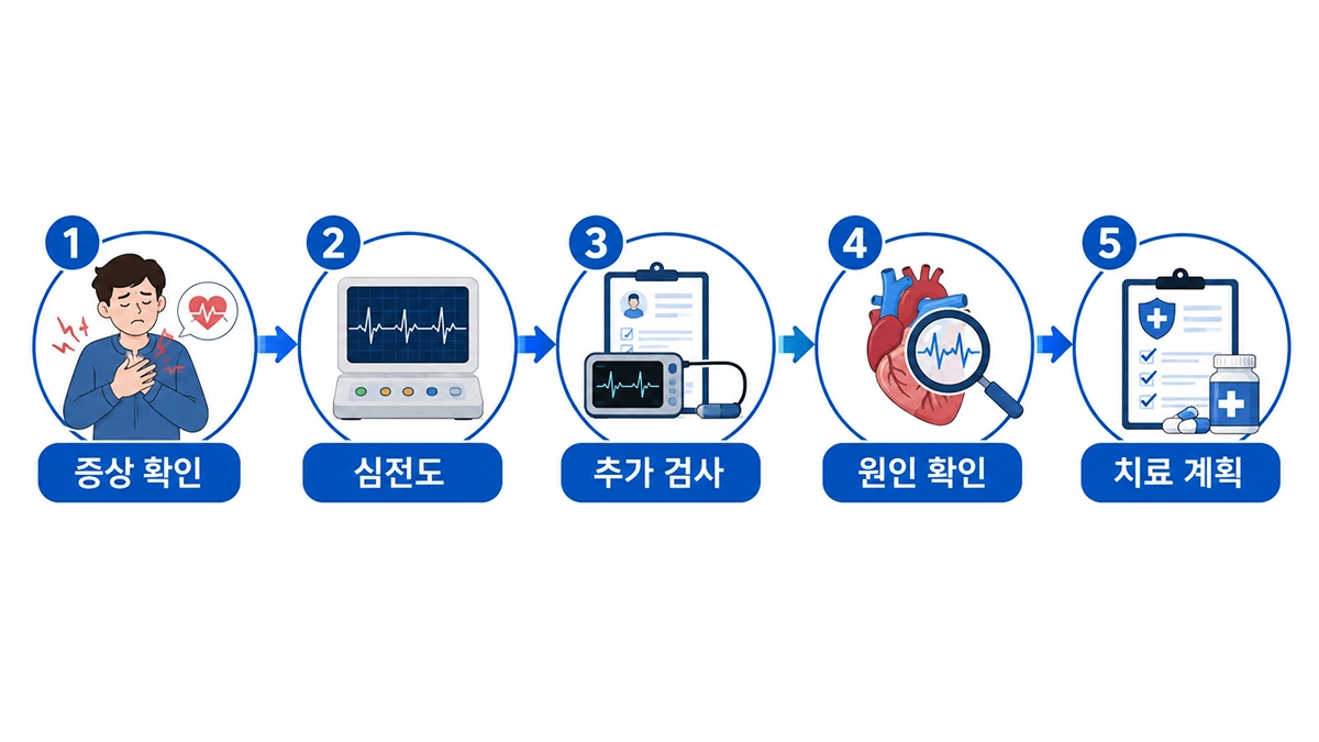 부정맥 검사와 진단 과정을 단계별로 정리한 인포그래픽