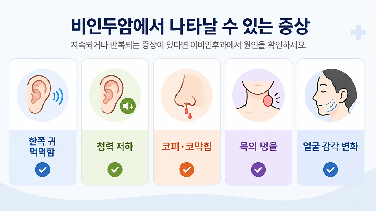 비인두암에서 나타날 수 있는 귀, 코, 목과 신경 관련 증상을 정리한 인포그래픽