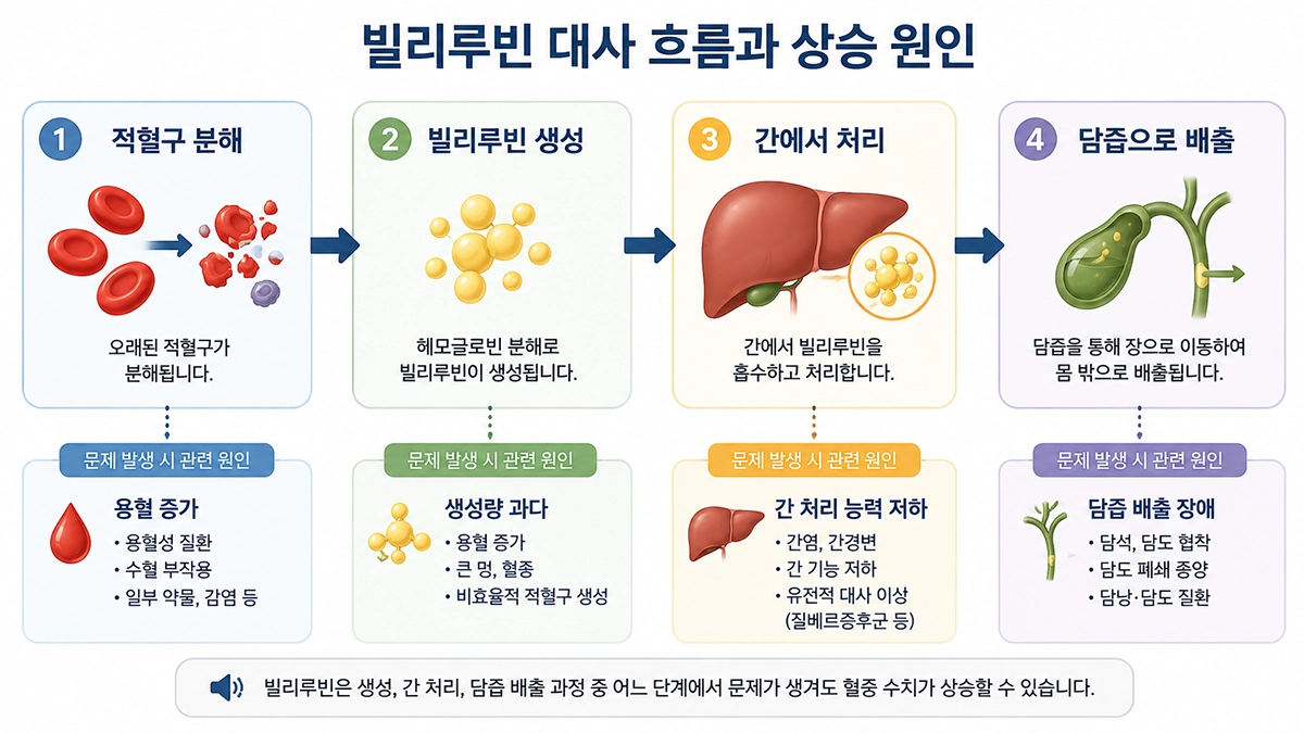 고빌리루빈혈증 원인을 이해하기 위한 빌리루빈 생성과 간 처리 및 담즙 배출 과정