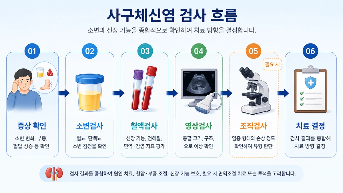 사구체신염 진단을 위한 소변검사와 혈액검사, 영상검사 및 필요 시 조직검사 과정