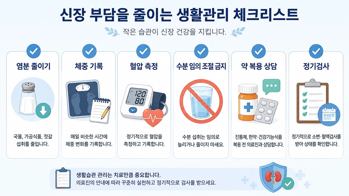 사구체신염 생활관리로 염분 조절과 체중·혈압 기록, 정기검사를 안내하는 체크리스트