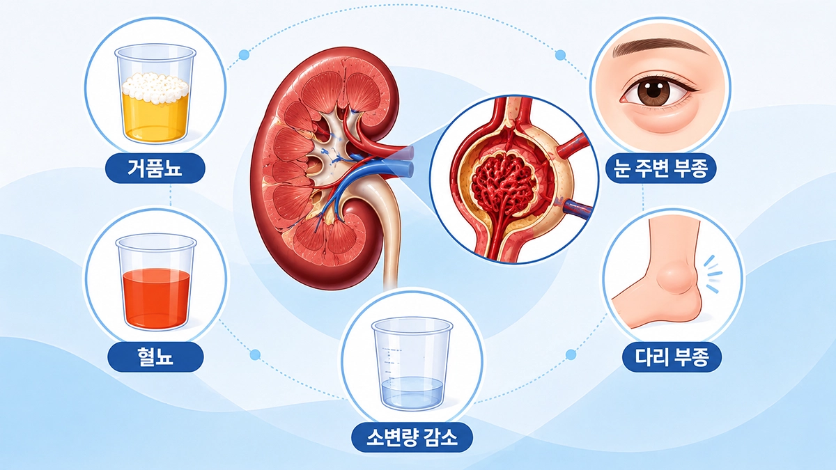 사구체신염에서 나타날 수 있는 거품뇨와 혈뇨, 눈 주변 및 다리 부종을 설명한 이미지