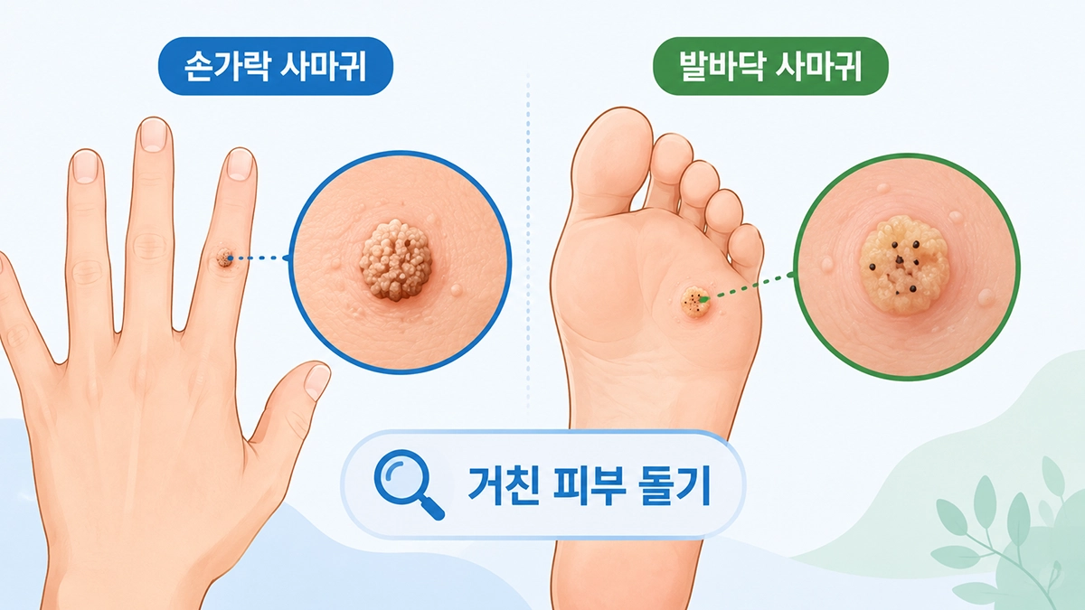 손가락과 발바닥에 나타날 수 있는 사마귀 형태를 보여주는 의료 인포그래픽