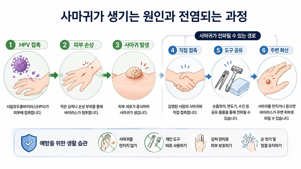 사마귀 원인인 HPV 감염과 직접 접촉 및 도구 공유를 통한 전파 과정