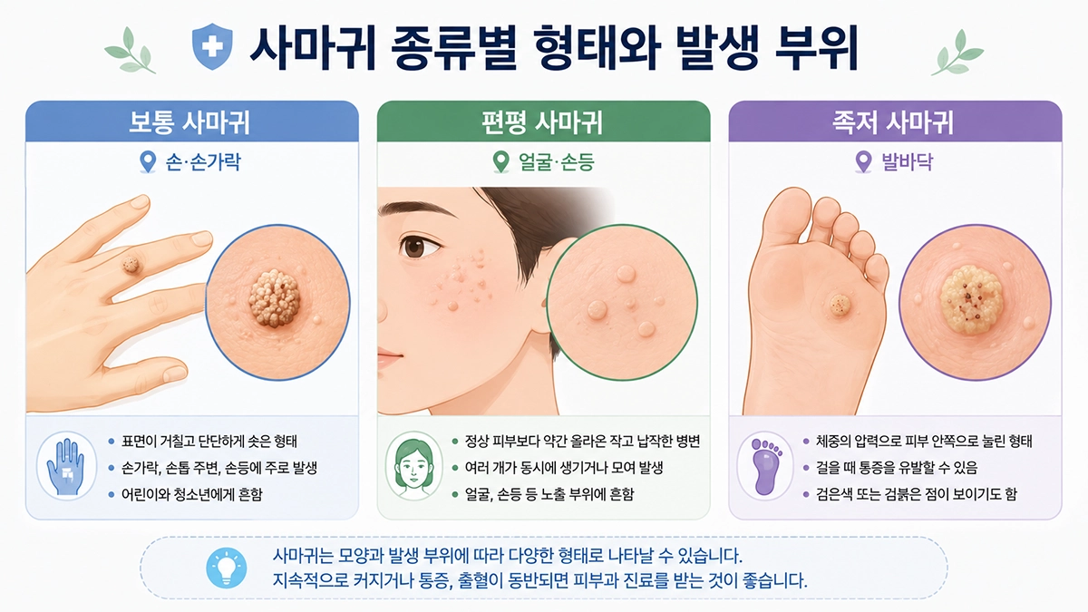 보통 사마귀 편평 사마귀 족저 사마귀의 형태와 발생 부위 비교