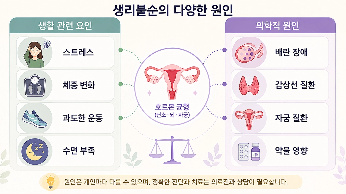생리불순의 생활 관련 요인과 호르몬·자궁 질환 원인을 비교한 인포그래픽