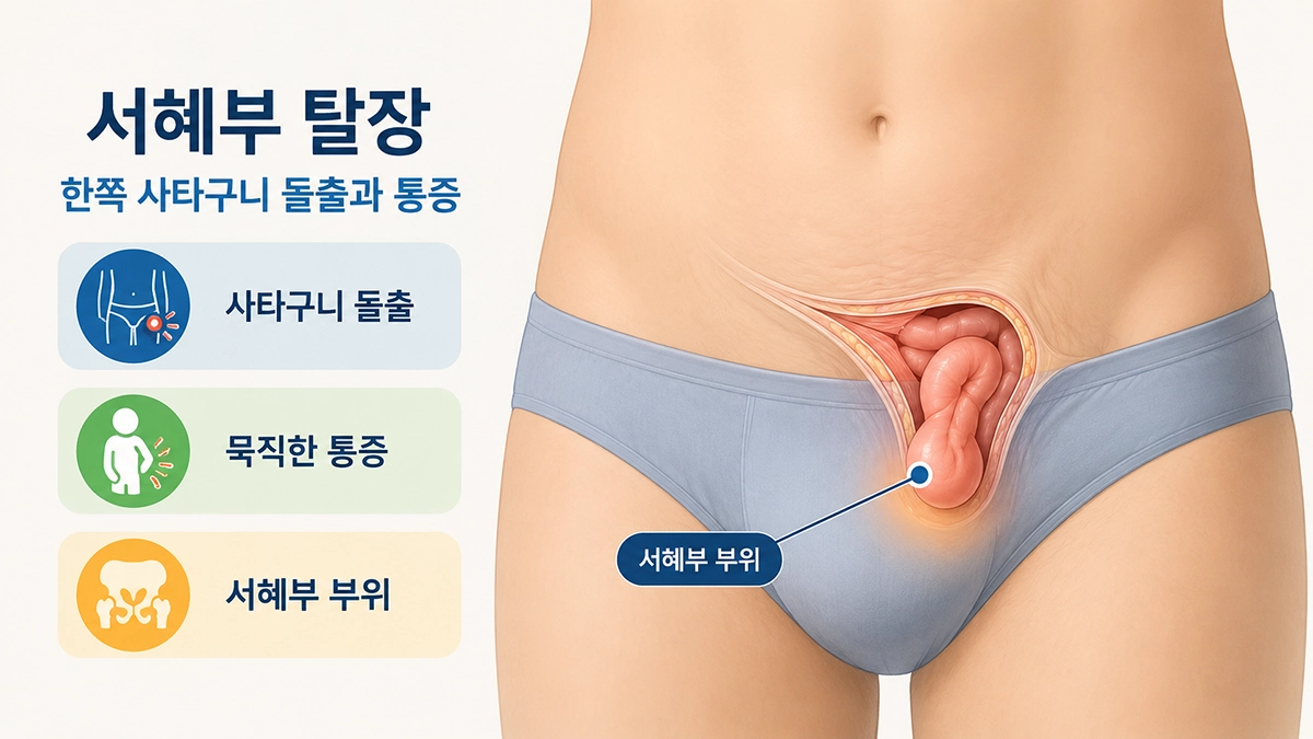서혜부 탈장으로 복부 조직이 사타구니 쪽으로 돌출되는 위치를 보여주는 인포그래픽