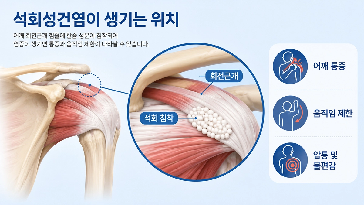 석회성건염에서 회전근개 힘줄에 석회가 침착되는 위치를 설명한 인포그래픽