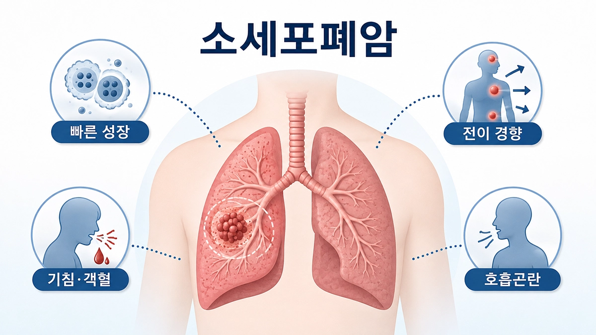 소세포폐암의 주요 특징과 기침, 객혈, 호흡곤란을 보여주는 폐 인포그래픽