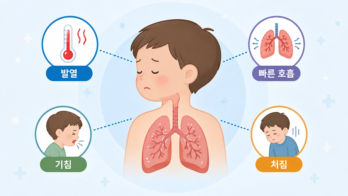 소아 폐렴에서 나타날 수 있는 발열, 기침, 빠른 호흡과 처짐을 설명한 이미지
