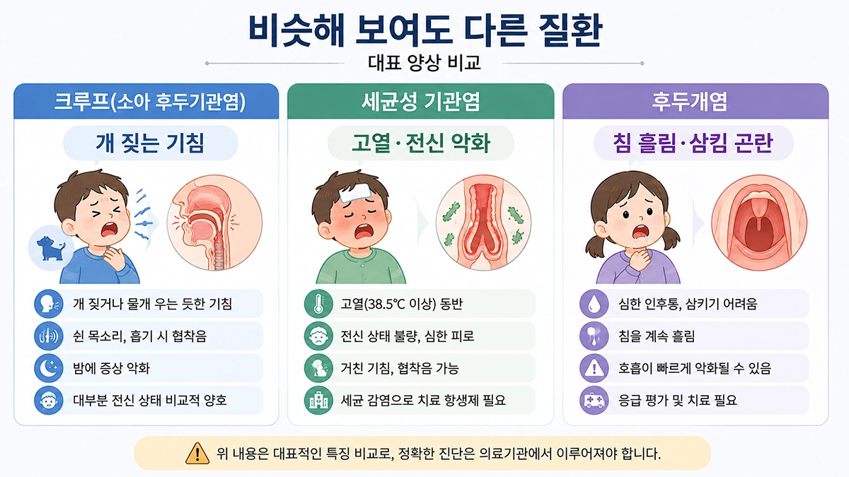 소아 후두기관염과 세균성 기관염, 후두개염의 대표 증상 차이를 비교한 이미지