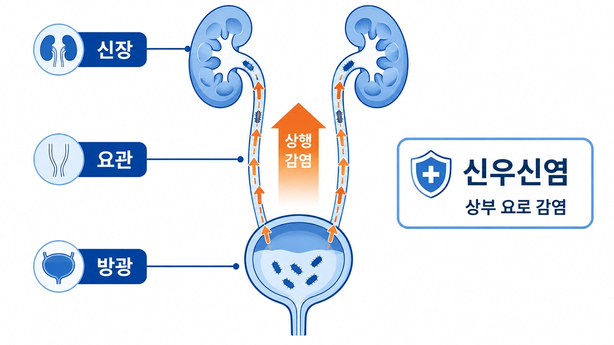 신우신염 증상과 관련된 신장·요관·방광의 상행 감염 경로