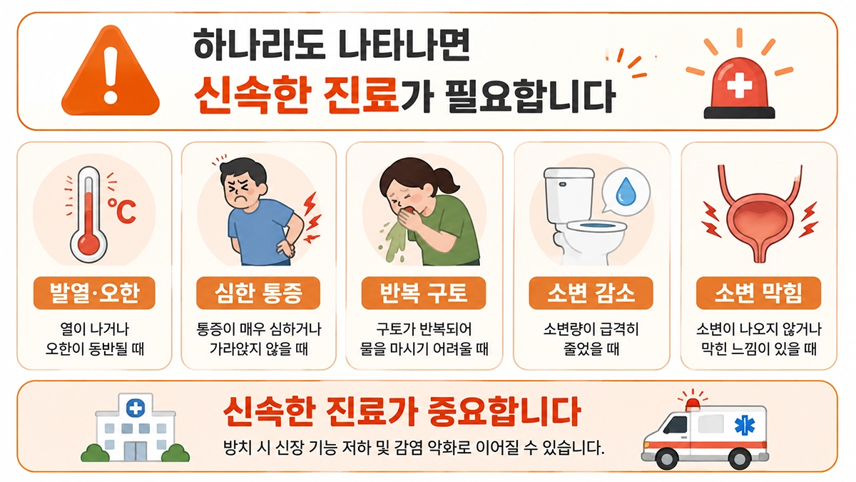 신장결석에서 발열과 심한 통증, 소변 감소 등 신속한 진료가 필요한 증상