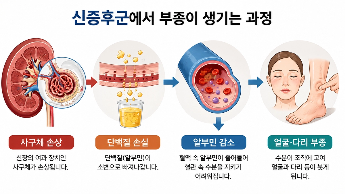 신증후군에서 사구체 손상으로 단백질이 소변으로 빠져나가고 부종이 생기는 과정