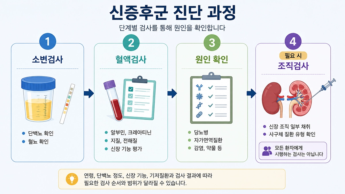 신증후군 진단을 위한 소변검사와 혈액검사, 원인 검사, 필요 시 신장 조직검사 과정