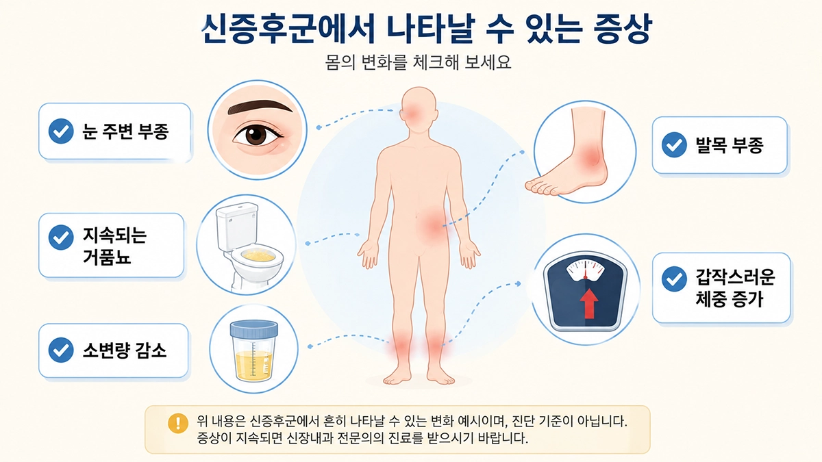 신증후군 증상인 눈과 발목 부종, 거품뇨, 체중 증가, 소변량 감소 안내