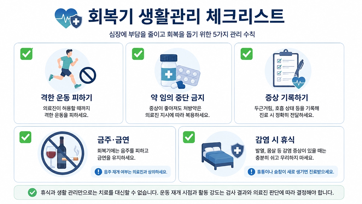 심근염 증상 회복기에 필요한 운동 제한과 복약, 증상 기록, 금주·금연 관리