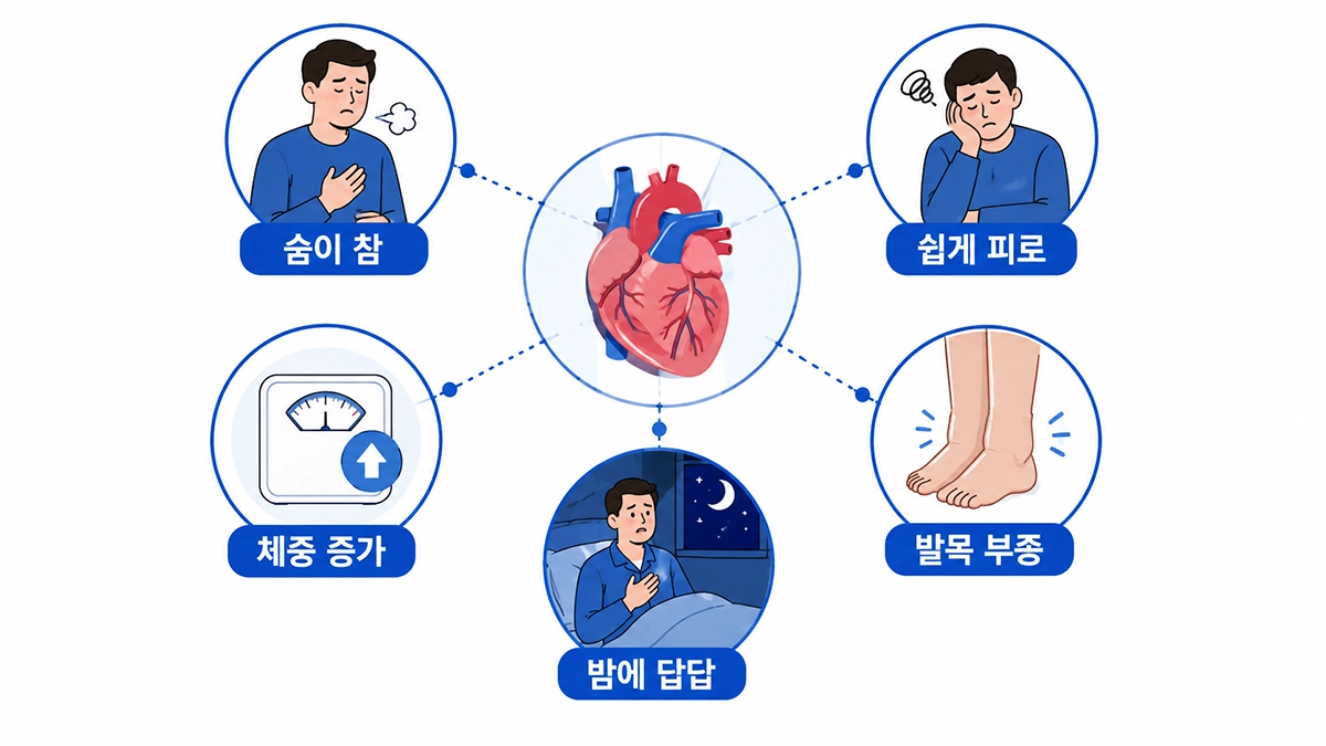 심부전 증상으로 나타날 수 있는 숨참과 피로, 발목 부종, 야간 호흡곤란을 설명한 인포그래픽