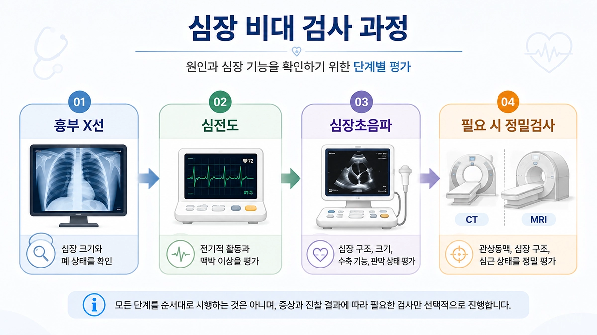 심장 비대 원인을 확인하는 흉부 X선, 심전도, 심장초음파와 정밀검사 과정