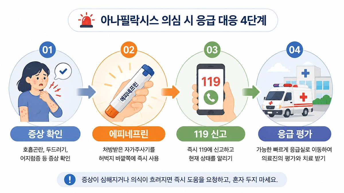 아나필락시스 응급 상황에서 에피네프린 사용과 119 신고, 응급 평가 순서를 보여주는 인포그래픽
