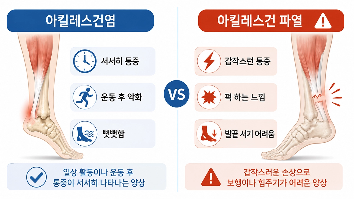 아킬레스건염과 아킬레스건 파열의 통증 양상과 주요 증상 비교