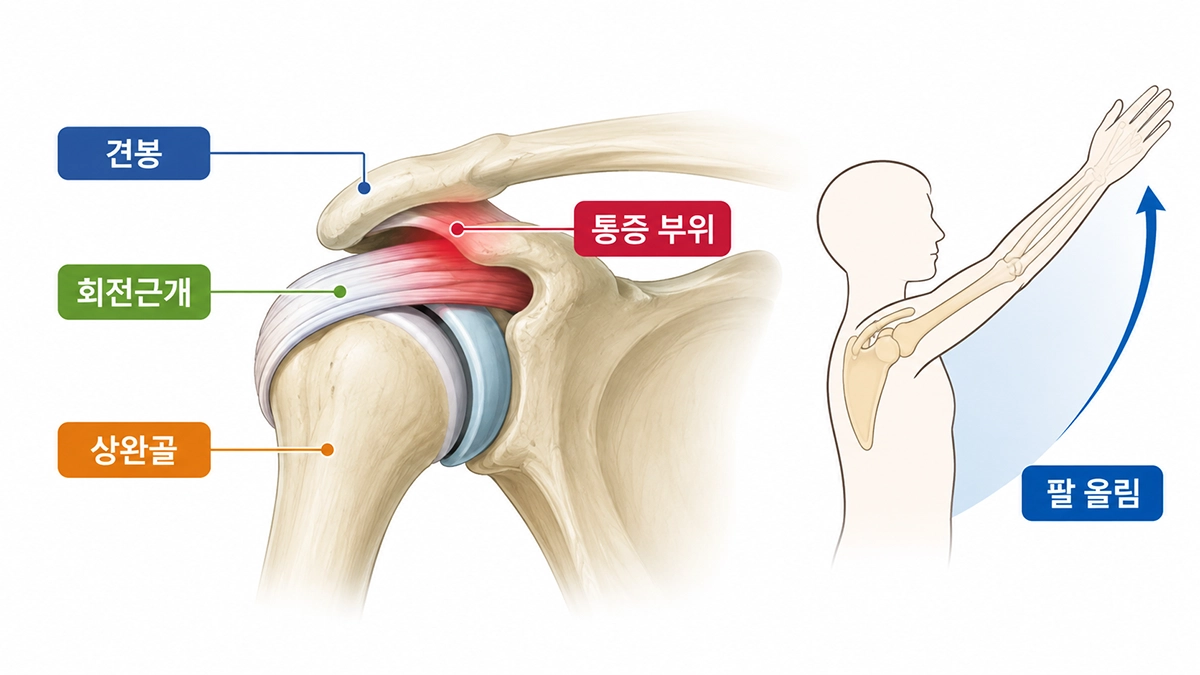 어깨충돌증후군에서 견봉과 회전근개 주변 통증 부위를 보여주는 어깨 구조 그림