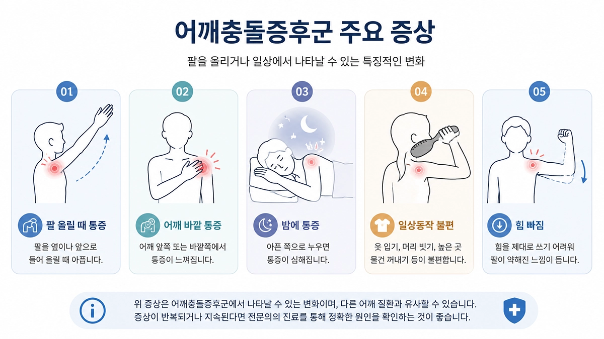 어깨충돌증후군 증상으로 팔을 올릴 때 통증과 야간 통증 등을 설명한 인포그래픽