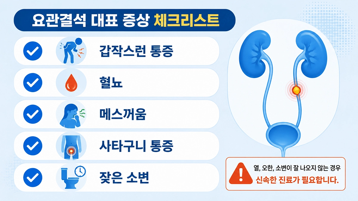 요관결석 주요 증상을 체크리스트로 정리한 인포그래픽