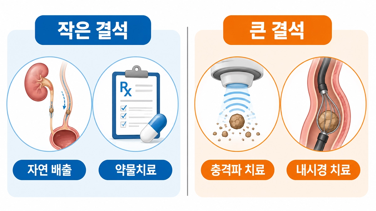 요관결석 크기에 따른 치료 방법을 비교한 인포그래픽