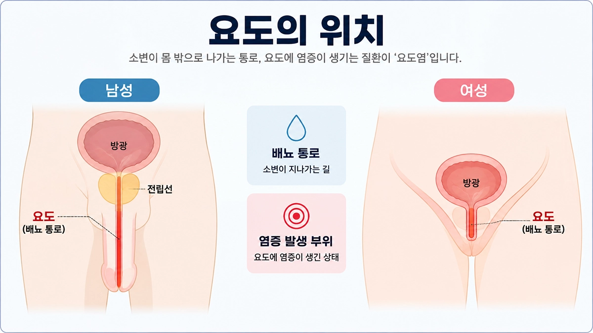 요도염이 발생하는 남성과 여성의 요도 위치를 설명한 인포그래픽
