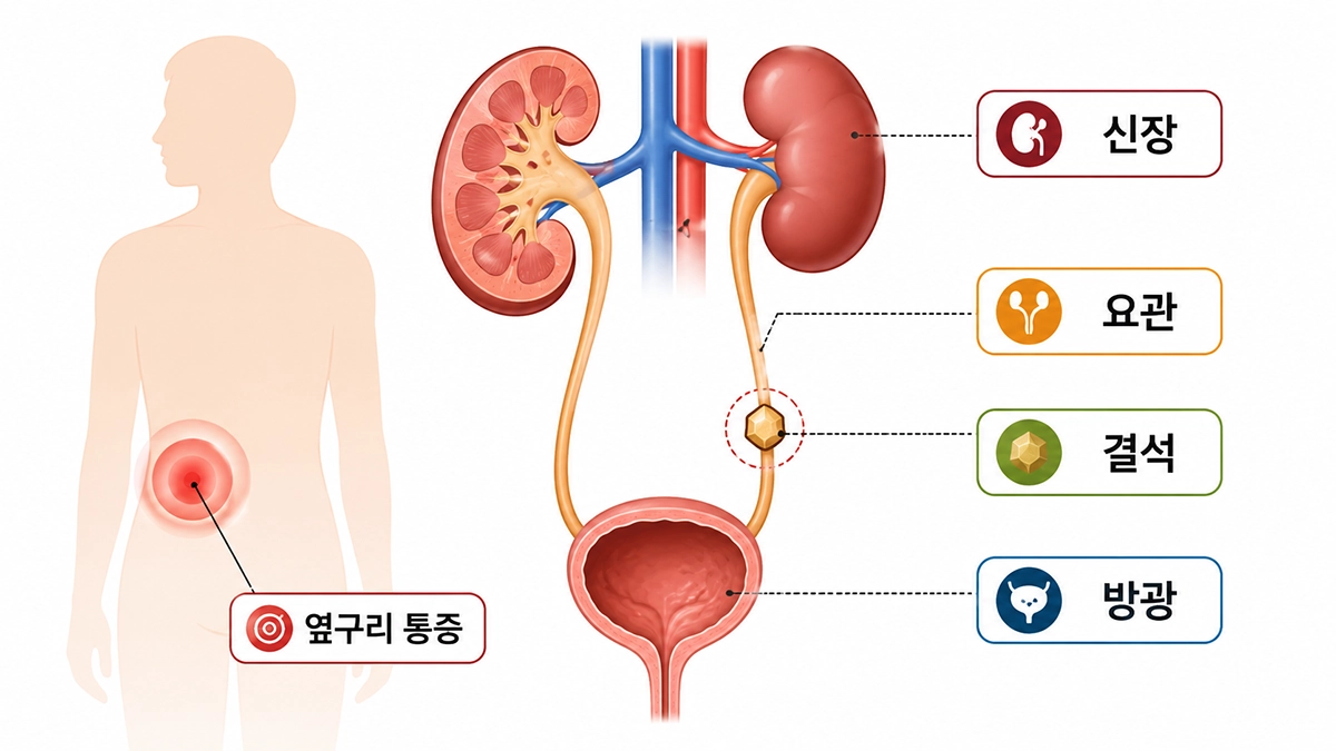 요로결석이 신장에서 요관으로 이동하는 위치와 옆구리 통증 부위를 보여주는 그림
