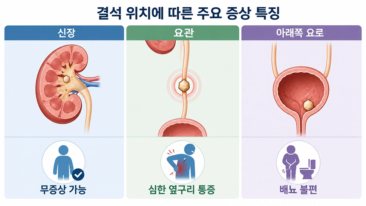 요로결석 위치에 따른 옆구리 통증과 배뇨 증상 차이를 비교한 인포그래픽