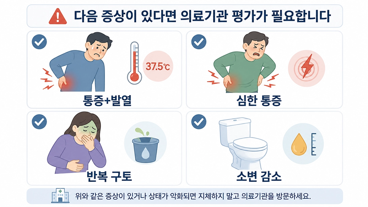 요로결석에서 발열과 심한 통증, 반복 구토, 소변 감소 등 진료가 필요한 증상