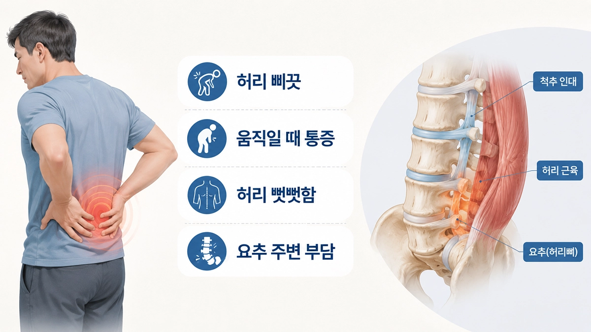 요추 염좌로 허리를 삐끗한 뒤 나타날 수 있는 허리 통증과 뻣뻣함을 설명한 인포그래픽