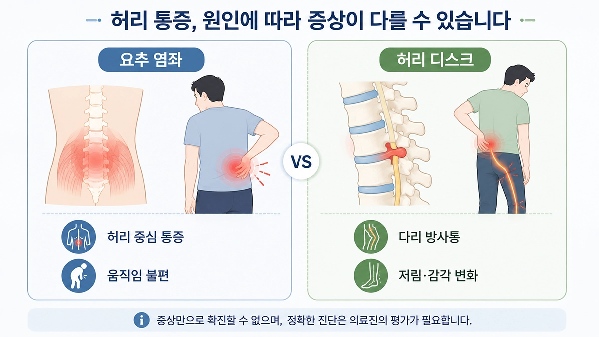 요추 염좌와 허리 디스크에서 나타날 수 있는 허리 통증과 다리 방사통의 차이를 비교한 인포그래픽