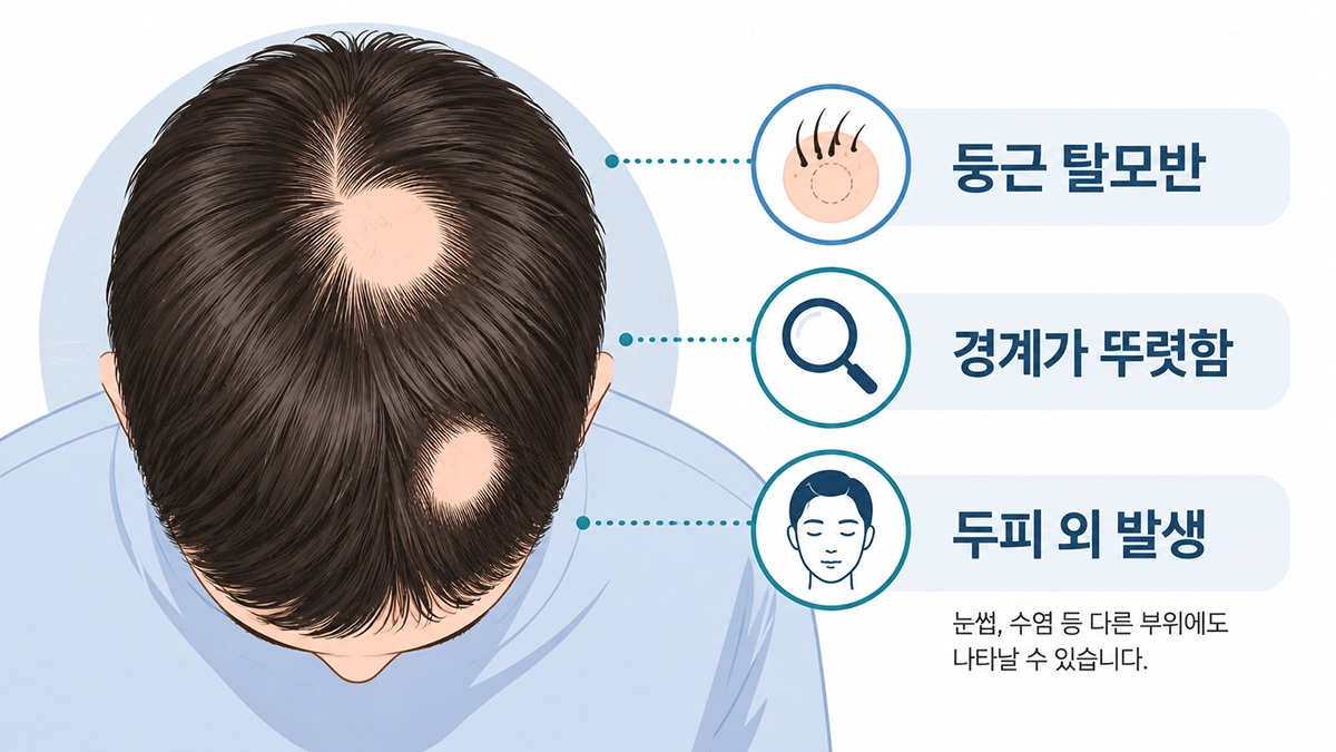 원형탈모에서 나타날 수 있는 둥근 탈모 부위와 두피 변화를 표현한 인포그래픽
