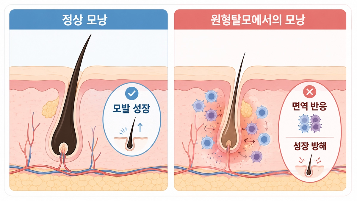 원형탈모에서 정상 모낭과 면역 반응으로 모발 성장이 방해되는 과정을 비교한 그림