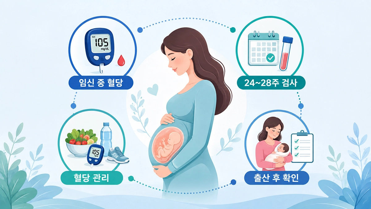 임신성 당뇨병의 검사 시기와 혈당 관리, 출산 후 확인을 나타낸 인포그래픽