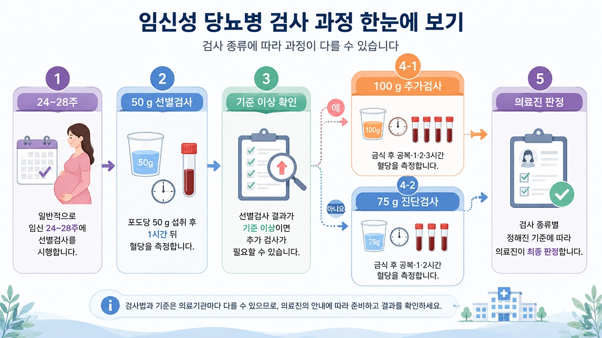 임신성 당뇨병 24~28주 검사와 50 g, 75 g, 100 g 경구당부하검사 과정을 설명한 인포그래픽