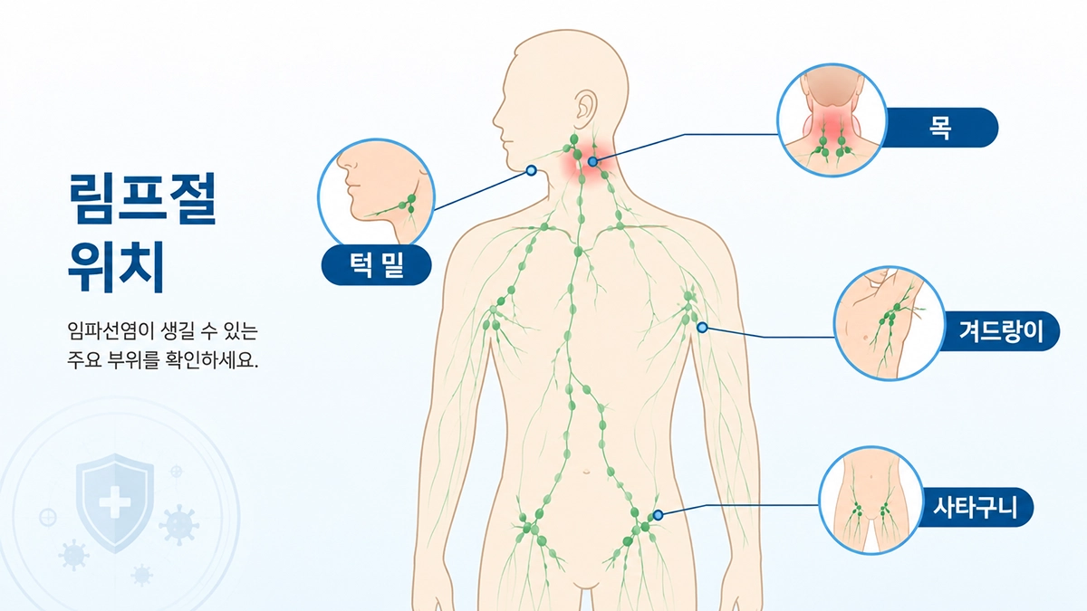 임파선염이 나타날 수 있는 목과 턱 밑, 겨드랑이, 사타구니 림프절 위치