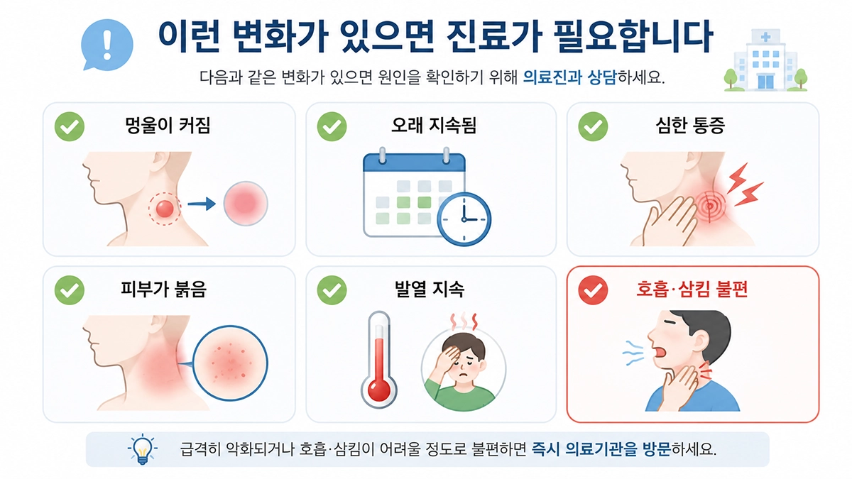 임파선염과 림프절 멍울에서 진료가 필요한 지속적인 붓기와 통증, 발열 증상