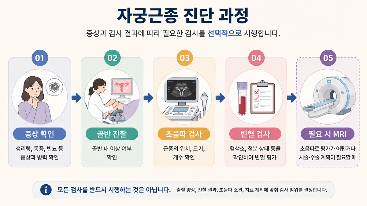 자궁근종 진료에서 증상 확인부터 초음파와 혈액검사까지 이어지는 검사 과정