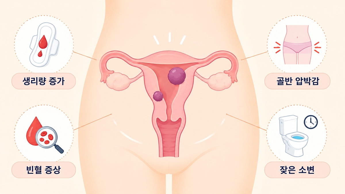 자궁근종으로 나타날 수 있는 생리량 증가와 골반 압박감 등 주요 증상 인포그래픽