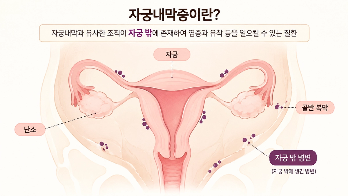 자궁내막증 병변이 자궁 밖 난소와 골반 복막에 나타나는 위치를 설명한 그림