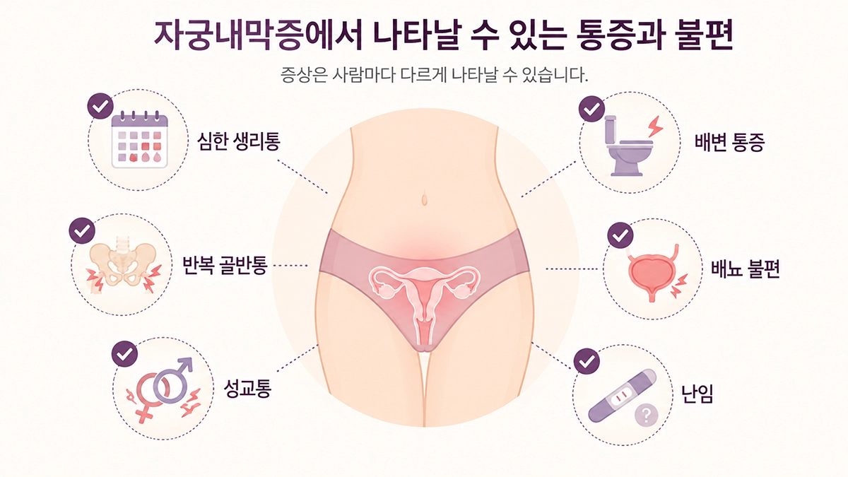 자궁내막증에서 나타날 수 있는 생리통 골반통 성교통 배변 배뇨 불편을 정리한 이미지