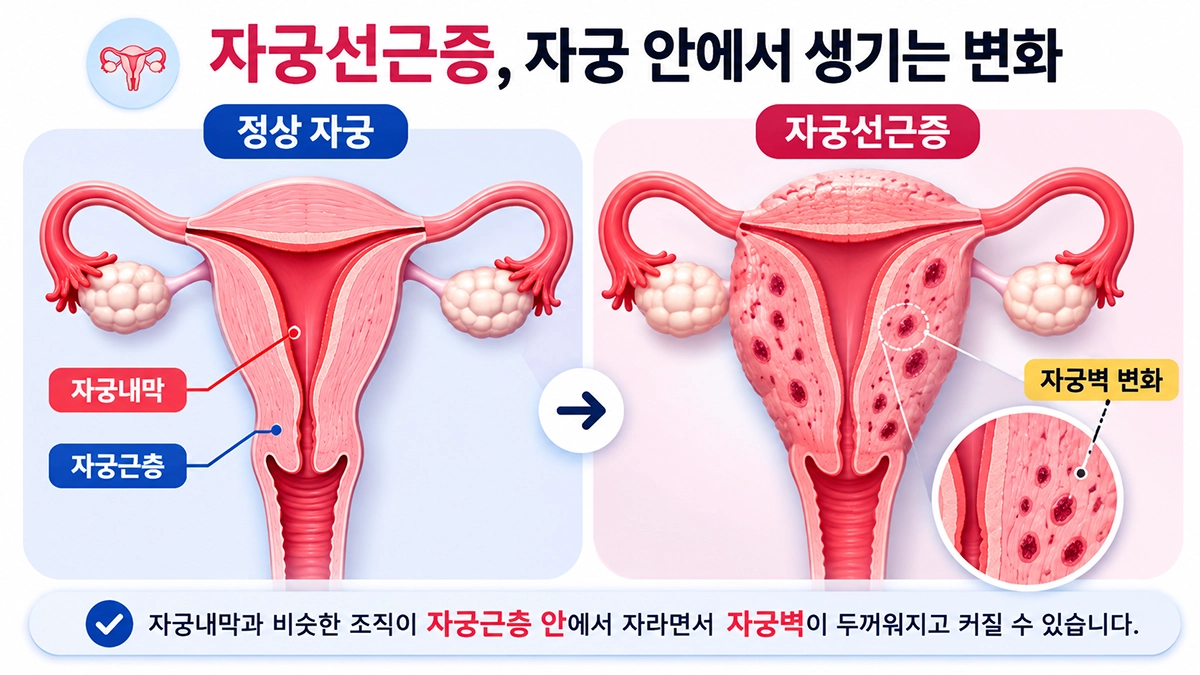 자궁선근증에서 자궁내막과 자궁근층의 위치와 자궁벽 변화를 보여주는 인포그래픽