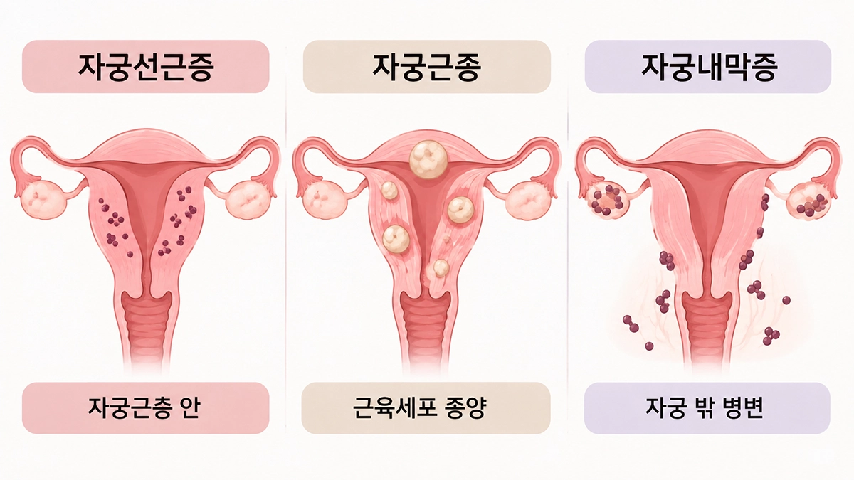 자궁선근증과 자궁근종 자궁내막증의 병변 위치 차이를 비교한 인포그래픽