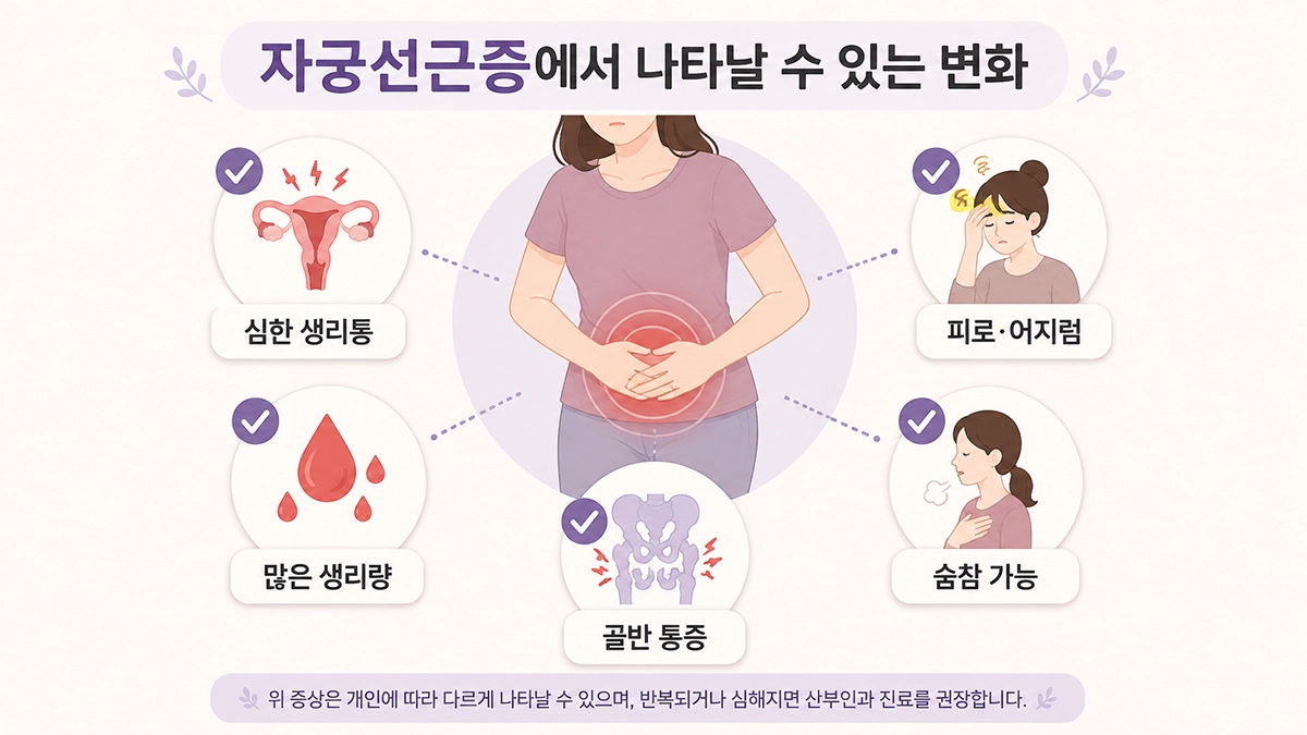 자궁선근증에서 나타날 수 있는 생리통과 월경과다 골반 통증을 정리한 증상 인포그래픽